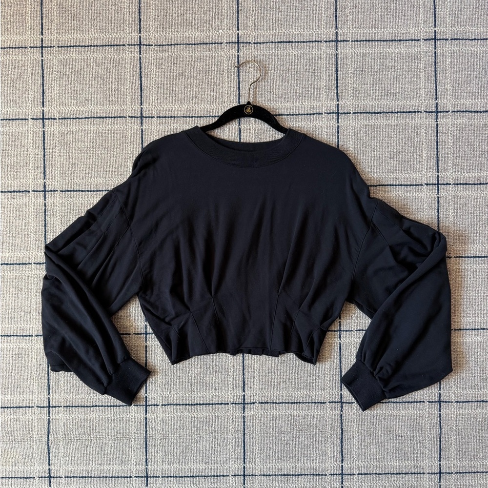 All Saints Black Crop Top tailored at waist with billowy long sleeves